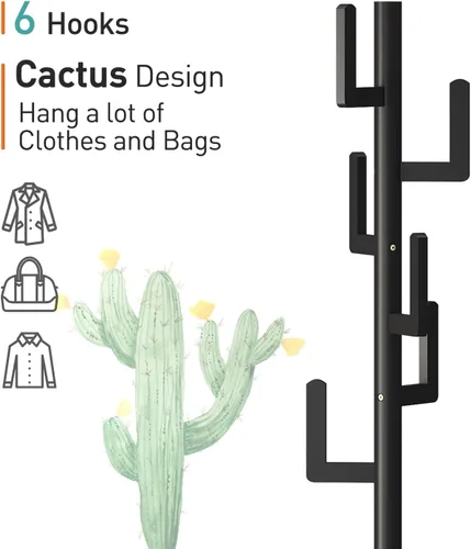 Vista 3 de Perchero de madera independiente con estante, árbol de abrigo de cactus de bambú, árbol de abrigo para ropa, bolsa/sombreros, soporte para entrada