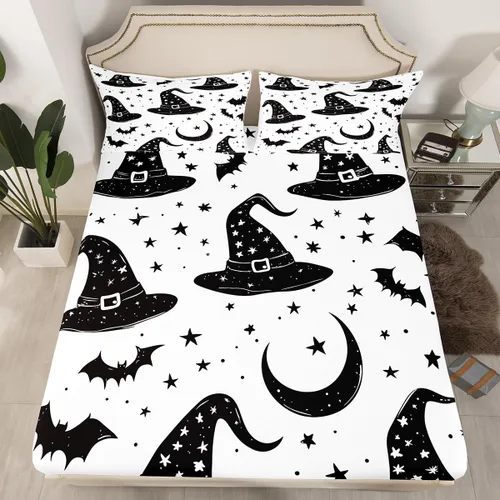 Vista 7 de Sábana bajera ajustable de Halloween tamaño individual, sábanas de calabaza y gato para niñas y niños, sombrero de bruja espeluznante morado