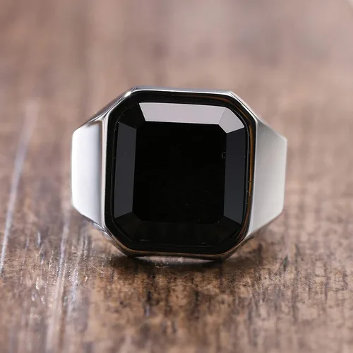 Vista 2 de Anillos de ónix negro para hombre, de acero inoxidable, con diseño de ágata cuadrada, anillo de pulgar meñique para papá, regalo de joyería para él