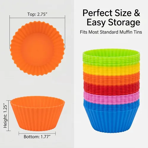 Vista 3 de RAINFLOW Paquete de 36 tazas de silicona para hornear cupcakes, reutilizables y antiadherentes, mini moldes de silicona para muffins, forros