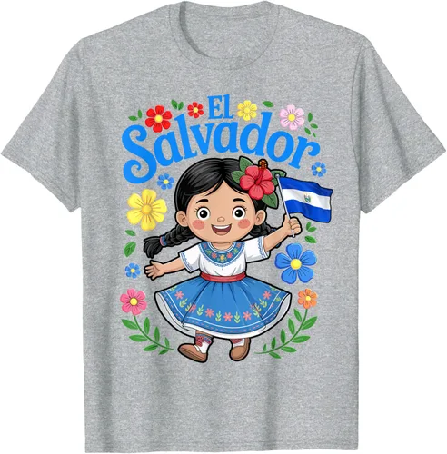 Vista 5 de Camiseta de estilo tradicional floral para niña con la bandera de El Salvador