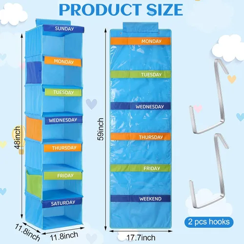 Vista 3 de Woanger Organizador semanal de ropa colgante para niños, 2 unidades, 11.8 x 11.8 x 48 pulgadas, estante para actividades diarias, organizador