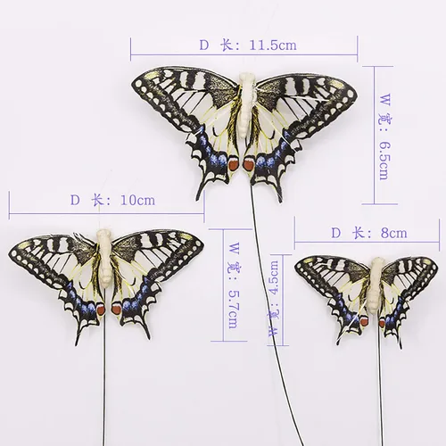 Vista 8 de Juego de 12 decoraciones de mariposa de plumas y mariposas multicolores, mariposas papilio machaon en alambre. Decoración del hogar de primavera