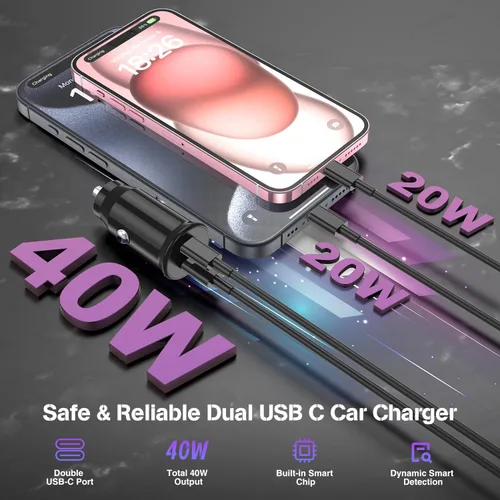 Vista 2 de Cargador de coche para iPhone 17 16 15 de carga rápida, cargador de coche USB C de doble puerto de 40 W con 2 cables USB C de 3 pies, adaptador