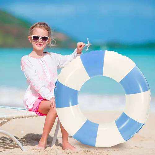 Vista 6 de Whaline Flotador inflable de natación de 4 piezas, anillo de natación a rayas, divertido estampado para piscina, tumbona, tubo para verano