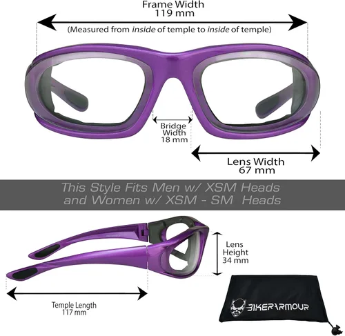 Vista 7 de Bikershades Gafas de montar en motocicleta con montura morada, pequeñas para mujeres y niñas 2 pares transparentes