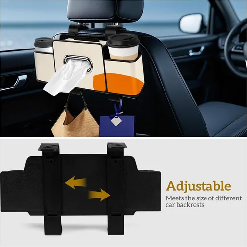 Vista 5 de Organizador de asiento trasero de automóvil con pañuelos, caja de pañuelos para el respaldo del asiento del automóvil y gancho de almacenamiento