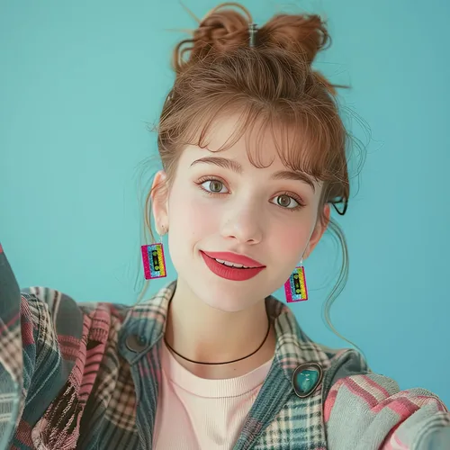 Vista 2 de Aretes de los años 70, 80 y 90 para mujer, aretes retro de cinta de cassette acrílica, aretes colgantes para Halloween, cosplay, fiesta brillante