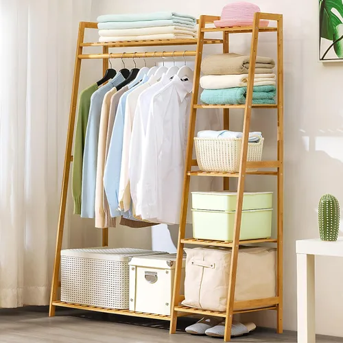 Vista 4 de Bamboo Clothing Garment Rack, Free Standing Clothes Coat Hanger, Closet Organizer w/Shoe Rack, Multi-tiered Wardrobe Storage Shelves, Clothes