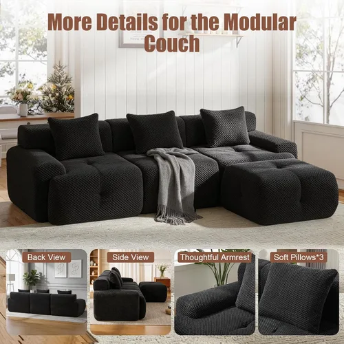 Vista 5 de Sofá modular modular de 104 pulgadas con otomana y 3 almohadas, sofá en forma de L sin hueso, relleno de material suave de celosía de piña con Negro