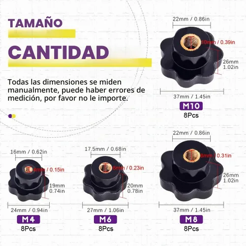 Vista 2 de Swpeet 32 piezas M4 M6 M8 M10 7 Star Pasante Perilla de Agujero de Rosca Hembra Tuerca de Sujeción Kit Surtido de Perillas en Forma de Estrella