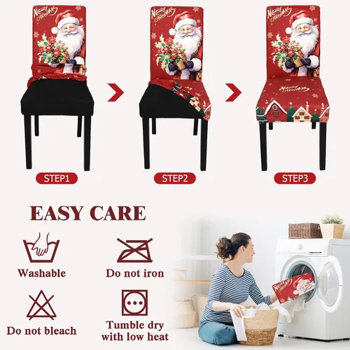 Vista 7 de Weldomcor Juego de 6 fundas elásticas para sillas de comedor de Navidad, fundas protectoras rojas para asiento de cocina, decoraciones de elastano