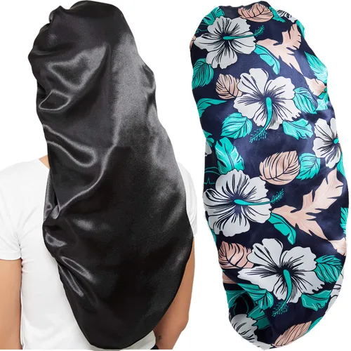 Vista 8 de Wbfwbb - Gorro de seda para mujer, 2 unidades, satén, banda elástica suave, gorro de dormir sedoso, gorro grande para trenzas Negro + Verde
