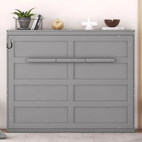 Vista 6 de MERITLINE Cama de pecho Murphy horizontal completa, armario de cama plegable de madera gris Murphy para adultos no necesita somier
