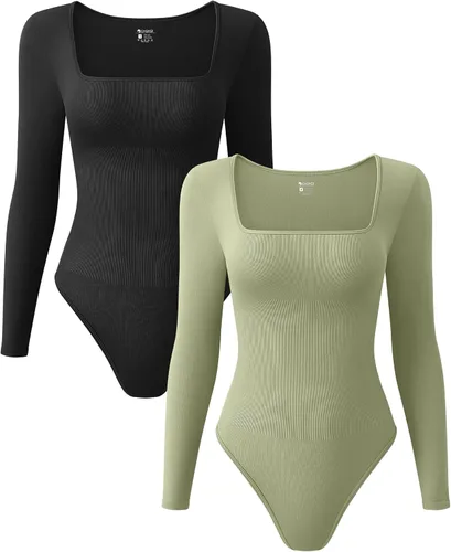 Vista 8 de OQQ Body de 2 piezas para mujer, sexy, acanalado, de una pieza, cuello cuadrado, manga larga, tops Negro Beige
