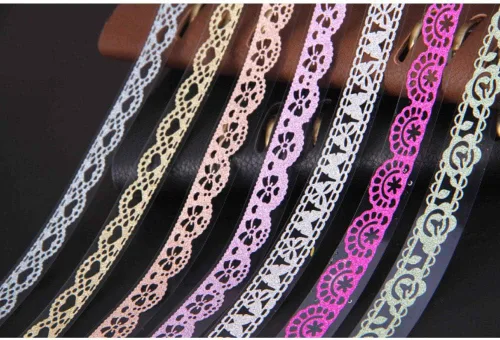 Vista 5 de HomDSim 8 cintas Washi con patrón de encaje, cinta adhesiva de diamante con purpurina, ideal para artes y manualidades, bricolaje, álbum