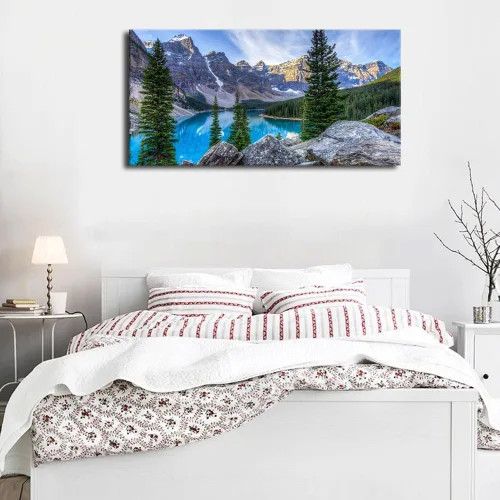 Vista 4 de Lienzo decorativo para pared, diseño de lago de montaña, ilustraciones de naturaleza grande, lago Moraine alimentado glacialmente, parque nacional