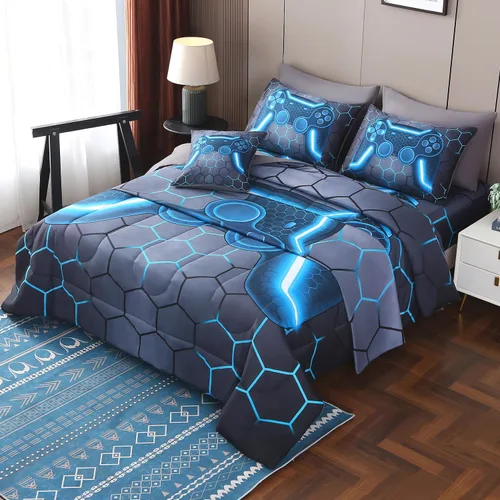 Vista 11 de JQinHome - Juego de edredón Gamer individual para niños y niñas, juego de cama en una bolsa de 6 piezas con diseño de videojuego 3D - Juego de ropa