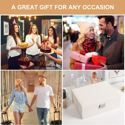 Vista 7 de Joyero organizador para mujeres y niñas, 2 capas de cuero, estuche de almacenamiento de joyas de viaje con cerradura y bandeja extraíble
