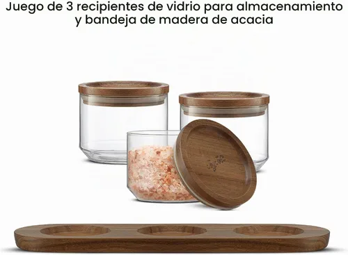 Vista 4 de JoyJolt Holden - Recipientes apilables de vidrio de 14 onzas con tapas y bandeja de madera, pequeños recipientes herméticos para alimentos, juego