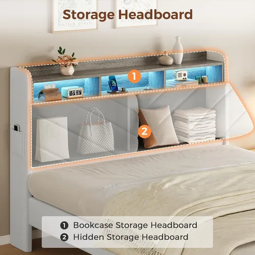 Vista 11 de Jocoevol Marco de cama de terciopelo tamaño Queen con cabecera ergonómica, cama de plataforma tapizada con luz LED y estación de carga, soporte