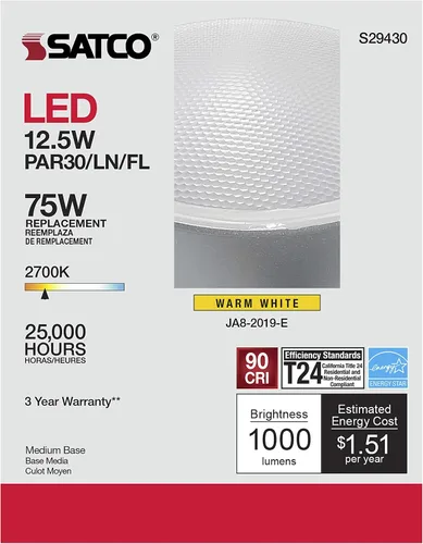 Vista 7 de Satco Lighting PAR30 - Bombillas LED regulables de 12.5 W, de cuello largo, luz blanca cálida de 2700 K, ángulo de haz de 40 grados, base media