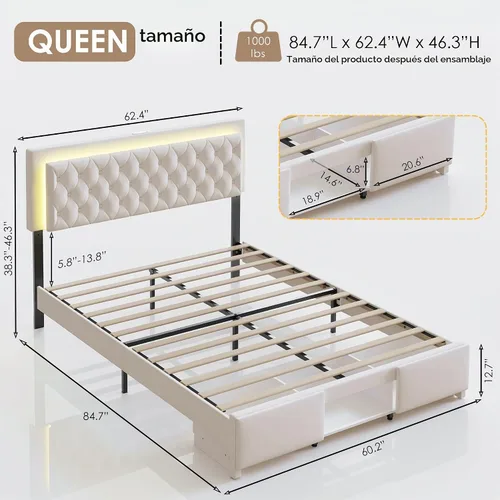 Vista 2 de Base de cama Queen con cabecera capitoné con botones, base de cama tapizada tamaño Queen con luces LED, estación de carga, almacenamiento