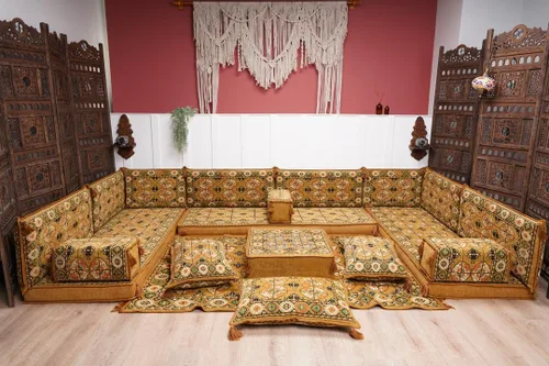 Vista 2 de arabicsofa Sofá en forma de U de estilo árabe para el suelo – Juego de Majlis hecho a mano – Sofá de estilo bohemio