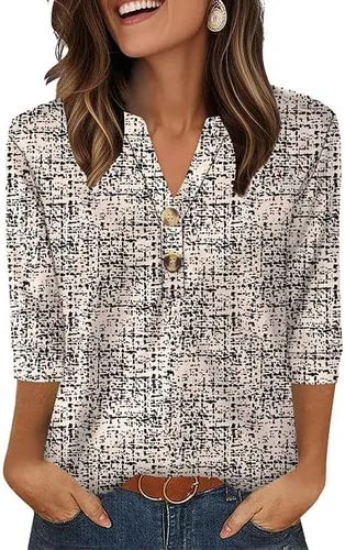 Vista 25 de OFEEFAN - Camisetas de manga 3/4 estilo Henley para mujer, blusas de moda de otoño 2025, atuendos escolares para maestras Raya