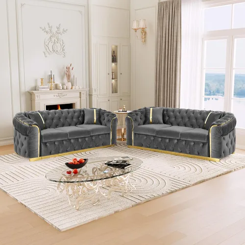 Vista 19 de KEIKI - Juego de sofá de lujo Chesterfield de 2 piezas con 2 sofás de terciopelo de 3 plazas extragrandes, juego de sofá acolchado moderno de 6