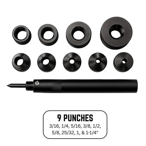Vista 3 de WEDGE 10 Piece Hollow Punch Set Metric Punches (5-32cm) & SAE (3/16-1-1/4") Sizes Secure Grip Elegant Wooden Box with Metal Details