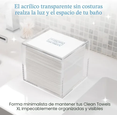 Vista 4 de CLEAN SKIN CLUB Caja de acrílico transparente para toallas limpias XL (NO incluidas), contenedor para 50 toallas limpias desechables XL, toallitas