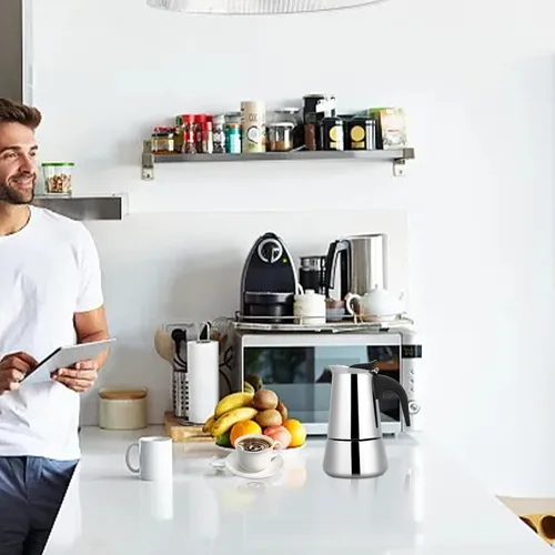 Vista 8 de Cafetera eléctrica del percolador, olla de mesa de café espresso de fondo ancho de acero inoxidable (3.4 fl oz)