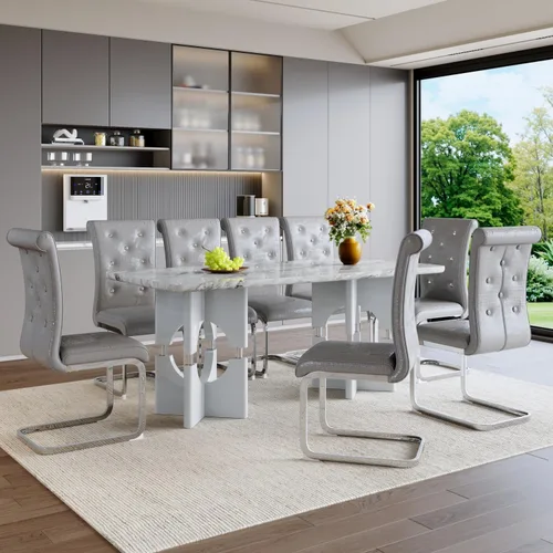 Vista 15 de gopop Juego de mesa de comedor moderna para 6, 7 piezas, mesa de comedor de mármol, mesa de cocina rectangular de 71 pulgadas con 6 sillas tapizadas