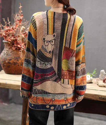 Vista 3 de YESNO - Suéter tejido de ajuste holgado y manga larga para mujer, con estampado gráfico, sin botones, casual - S01