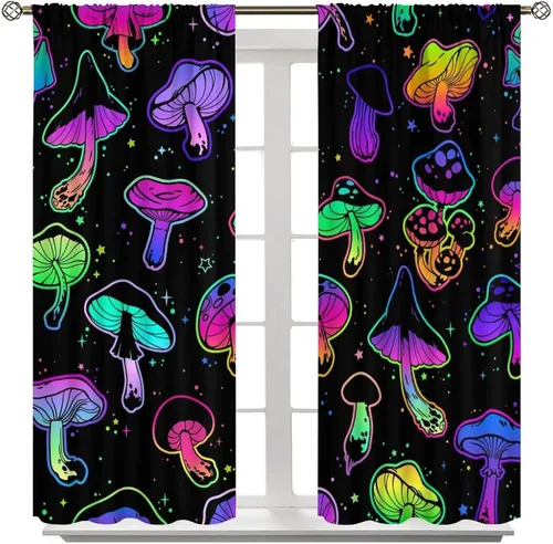 Vista 23 de Cortinas semitraslúcidas de hongos, estilo bohemio, plantas místicas, sol, luna, tratamiento de ventana para dormitorio, sala de estar, cocina