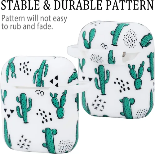 Vista 2 de LitoDream - Funda de silicona suave y flexible con llavero para Apple AirPods 2 y 1, para niñas (vaca; blanco con cactus)