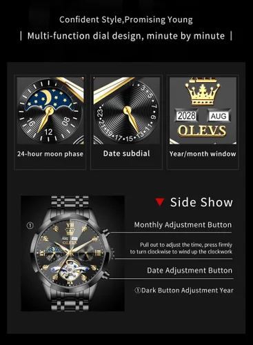 Vista 6 de OLEVS Relojes automáticos para hombre, reloj de vestir mecánico, de acero inoxidable, impermeable, cuerda automática, fecha clásica, diamantes