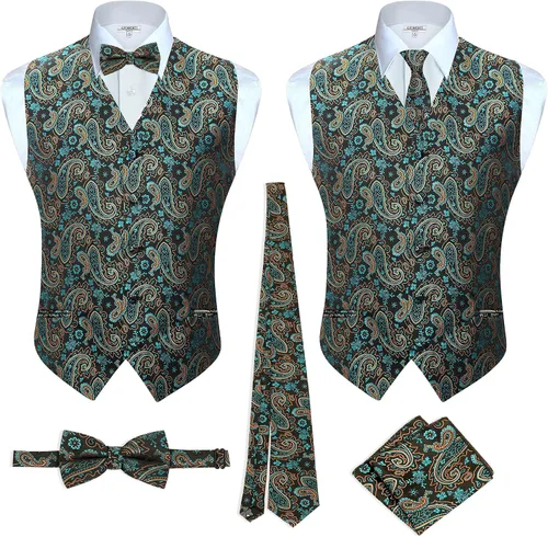 Vista 11 de Gioberti Chaleco formal de cachemira de 4 piezas para hombre, corbatín y pañuelo de bolsillo Negro B