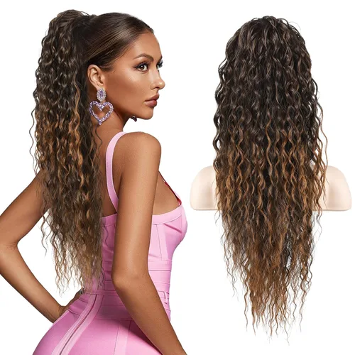 Vista 22 de Flufymooz Extensión de cola de caballo, 22 pulgadas, estilo bohemio, con cordón, extensiones de cabello para mujer, cola de caballo larga, rizada