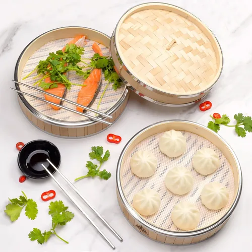 Vista 6 de Cesta para cocinar al vapor de bambú de 2 niveles Cesta para cocinar al vapor de bambú con forro reutilizable de silicona Kit de dim sum