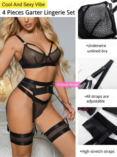 Vista 70 de Kaei&Shi - Lencería con liguero para mujer, conjunto de encaje traslúcido y sexy de 4 piezas combinadas