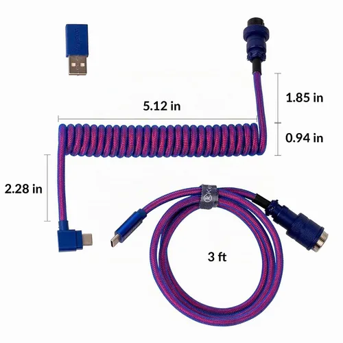 Vista 2 de Keychron Cable morado en ángulo USB-C en espiral premium, conector de metal desmontable GX16 de 5 pines, adaptador USB-A, diseño de doble manga
