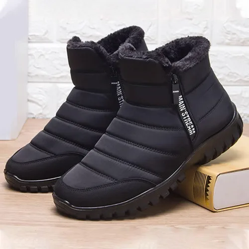 Vista 5 de Botas de nieve de cuero cálido para hombre, antideslizantes, impermeables, suaves, de felpa, cálidas, para senderismo, exteriores, campamento