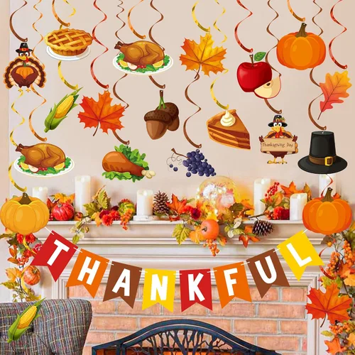 Vista 5 de Decoraciones de Acción de Gracias pre-encordadas de pavo, calabaza, hojas de arce, espirales colgantes de Acción de Gracias, serpentinas de techo
