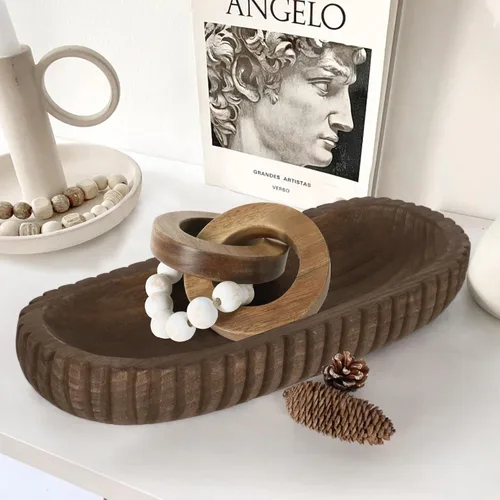 Vista 7 de Oakrain Cuenco decorativo de madera para decoración del hogar, cuenco de masa rústico de 16 pulgadas con rayas verticales talladas a mano, bandeja