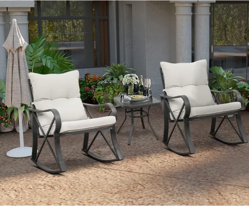 Vista 2 de HOMPUS Juego de 3 sillas mecedoras para exteriores, juego de muebles de mimbre para patio, marco de metal, juego de rocas para patio con cojines