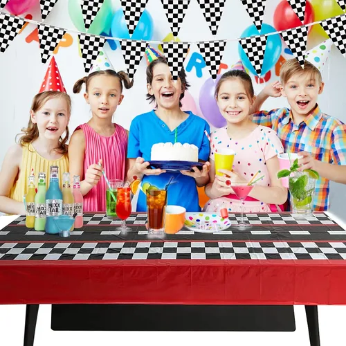 Vista 4 de Mantel de auto de carreras, suministros de decoración de cumpleaños con temática de automóvil, camino de mesa rectangular de plástico