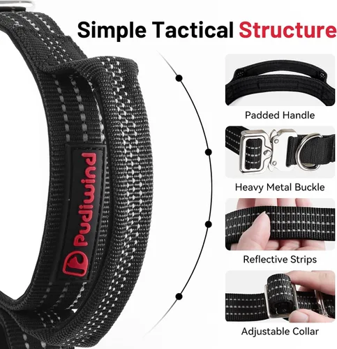 Vista 2 de Collar táctico para perro con asa, collar de nailon resistente con hebilla metálica de liberación rápida, diseño reflectante, acolchado y cómodo