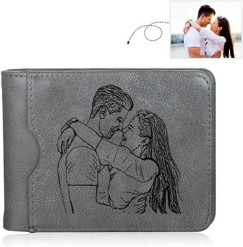 Vista 21 de Carteras personalizadas para hombres, cartera personalizada para hombre con imagen grabada y nombre, billetera delgada de cuero plegable, regalos